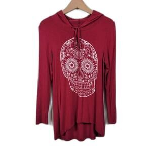 Ocasion Skull Graphic Hoodie Top Womens Size S M Burgundy Long Sleeve